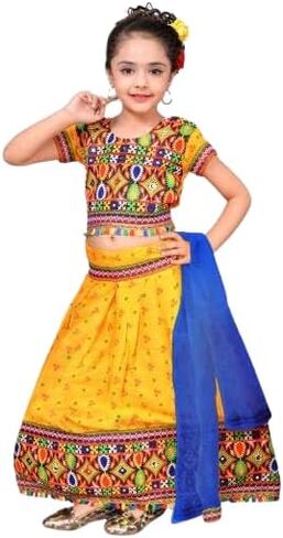 Cotton rayon ethnic radha dress traditional yellow lehenga choli with dupatta set for girls & kid in Saudi Arabia