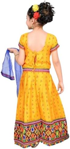 Cotton rayon ethnic radha dress traditional yellow lehenga choli with dupatta set for girls & kid in Saudi Arabia