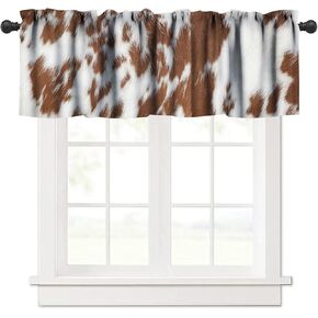 Cowhide Animal Kitchen Curtain Valance, Vintage Brown White Milk Cow Skin Print Farmhouse Animal Cowhide Rustic Western Farm Window Valance, For Bedroom Living Room Cafe Bathroom 1 Panels W54xL18in