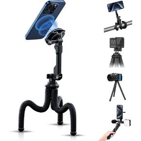 Extended Magnetic Flexible Tripod for iPhone, Height & Angle Adjustable Bendable Octopus Tripod Cellphone Stand for Magsafe & Android & Compact Camera & GoPro Travel Selfie/Vlogging/Video Recording