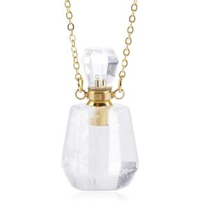 RIAH FASHION Gemstone Crystal Perfume Bottle Diffuser Necklace - Aromatherapy Essential Oil Travel Locket Pendant Charm Fragrance Carrier Flask Chain (Quartz Bottle - Spike Green)