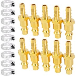 ChillWaves Brass Industrial Type M/D Air Hose Fittings, 1/4" Barb x 1/4" Flow Air Plug，Quick Connect Air Hose Fittings with Hose Clamp(10-PACK)