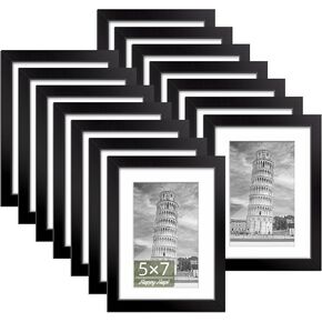 HappyHapi 5x7 Picture Frames, 14 Pack Photo Frames, Display Pictures 5x7 without Mat or 4x6 with Mat, Wall Hanging Photo Frame or Tabletop Display (Black)