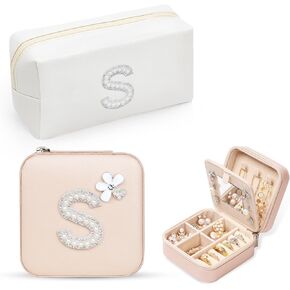 Personalized Initial Jewelry Box Travel Jewelry Case With Mirror, Makeup Bag Cosmetic Bag Ring Necklace Earring Holder Organizer, for Teen Girls Friend Woman Birthday Gift(R)