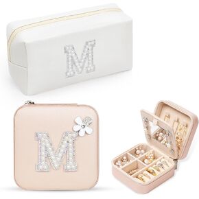 Personalized Initial Jewelry Box Travel Jewelry Case With Mirror, Makeup Bag Cosmetic Bag Ring Necklace Earring Holder Organizer, for Teen Girls Friend Woman Birthday Gift(R) in Kuwait