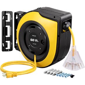 DEWENWILS Retractable Cord Reel, 60 FT Heavy Duty Extension Cord, 12AWG/3C SJTOW, 3 Grounded Outlets Lighted Triple Tap, 15A Circuit Breaker, Wall/Ceiling Mounted for Garage and Workshop, UL Listed
