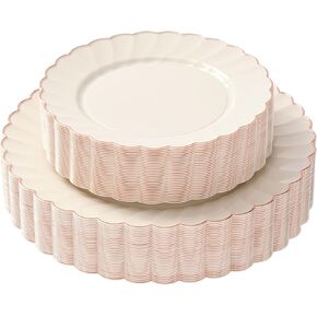By Madee HEAVYWEIGHT 60 Pcs Ivory Scalloped Plastic Plates with Gold Trim | 30 Dinner & 30 Dessert Plates | High End Disposable Plates | Nice Plastic Plates for Party | Fancy Plastic Plates for Party