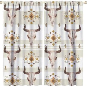 Western Bohemian Window Curtains, Bull Skull Boho Aesthetic Aztec Art Print Rod Pocket Decorative Window Drape, for Living Room Bedroom 21(W)*45(L) 2 Panels (Decorative)