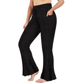 TIYOMI Plus Size Ribbed Pants for Women Drawstring High Waist Wide Leg Lounge Pants Knit Flared Trousers with Pockets XL-5XL