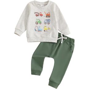 Pudcoco Toddler Baby Boy Fall Winter Clothes Construction Truck Excavator Sweatshirt Jogger Pants Outfit Set