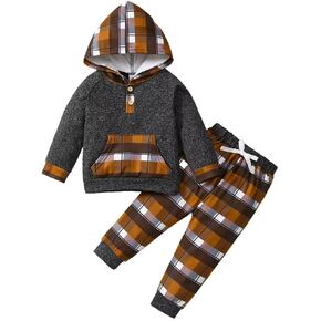 Toddler Baby Boy Clothes Fall Winter Outfits Long Sleeve Plaid Button Hoodie Tops Sweatshirt Pants Set 12 Months-5T