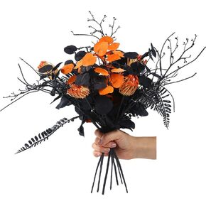 7pcs 18" Faux Halloween Floral Picks Tabel Centerpieces Decoration, Artificial Gothic Black Purple Eucalyptus Leaves Flowers Stems Picks Bouquet Decor (BLK-Purple)