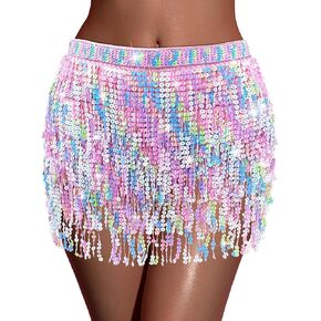 Sequin Fringe Skirt Women Tassel Wrap Skirts Sparkly Hip Scarf Party Rave Festival Halloween Belly Dance Performance Costume