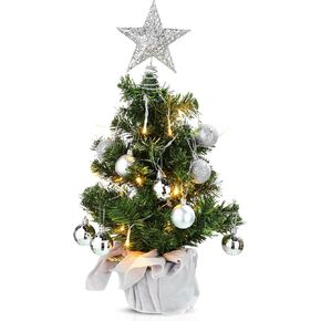 24 Inch Tabletop Mini Christmas Tree Set with Led Lights, 24 Christmas Ball Ornaments, Star Tree Topper, Pre-Lit Mini Artificial Tree Decoration for Xmas Table Indoor Holiday(Blue)