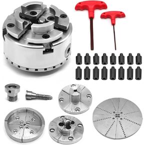 3.75-Inch 4 Jaw Wood Turning Lathe Nickel Plated Chuck and Cutting Jaws Kit with T-Wrench and 6 Corner Star Fasteners 1 Inch x 8TPI