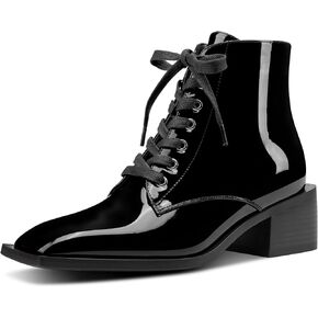 Castamere Womens Chunky Block Mid Heel Square Toe Ankle Boots Short Bootie Lace-up Zipper Office Basic Classic Patent Leather Boots