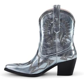 Metallic Embroidered Cowgirl Boots For Women Pointed Toe Western Boots Chunky Heel Pull On Short Cowboy Boots Wide Calf Country Ankle Booties