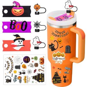 7Pcs Halloween Accessories for Stanley Cup, Ghost Pumpkin Spider Web BOO Straw Cover Toppers Name Plate for Stanley 40 Oz, Halloween Water Bottles Stickers Gifts