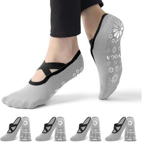 Yoga Socks, Pilates Socks, Grip Socks for Women, 4 Pairs Grips Straps Socks, Athletic Socks for US 5-10