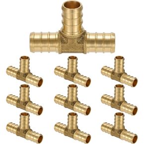 (10 Pack) Lidertik Pex Fittings Reducing Tee Brass Crimp Pipe, 1/2" PEX F1807 to 1/2" PEX F1807 to 3/4" PEX F1807 Brass