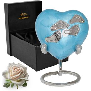 Footprints Heart Small Cremation Urn for Human Remains Ashes with Stand with Premium Box, Light Blue Mini Urn-Honor Your Loved One with Urn Heart Shaped, Heart Cremation Urn