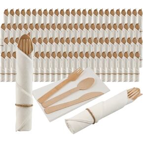 Pre Rolled Napkin and Bamboo Cutlery Set - 50Pack Bamboo Utensils/Compostable Cutlery(50 Forks, 50 Knives, 50 Spoons, 50 Napkins), Biodegradable Wrapped Cutlery for Party, Banquet, Wedding