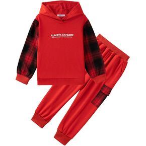 Arshiner Boys Plaid & Letter Graphic Hoodie Sweatshirt and Flap Pocket Sweatpants Toddler Baby Boys Fall Winter Outfits Set