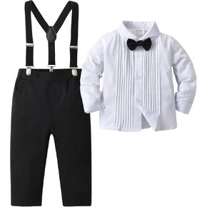 Baby Boys Pants Sets, Infant Long Sleeve Shirt + Pants + Bow Tie + Suspenders,Toddler Gentleman Outfits