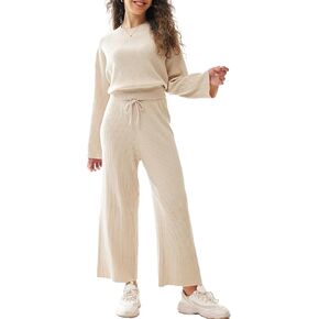 Womens 2 Piece Outfits Set Long Sleeve Knit Crop Pullover Tops Wide Leg Pants Ribbed Cozy Sweater Lounge Drop Shoulder
