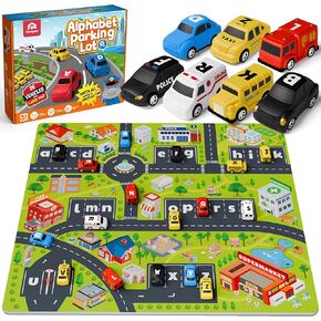 Coogam Alphabet Maze, 26pcs Pull Back Car with Play Mat Preschool Letter Matching Game for 3 4 5 Years Old, Montessori Educational Fine Motor Gift Toy for Toddler Kids