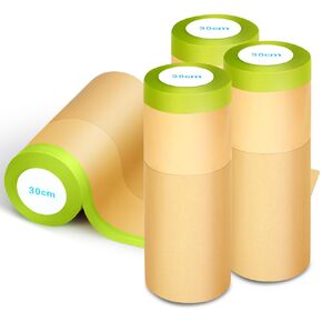 NETEHA 4 Rolls 12inch x 50feet Tape and Masking Paper, Paint Adhesive Protective Paper Roll for Painting Protection Covering, Car Auto Body and Wall Covering Skirting