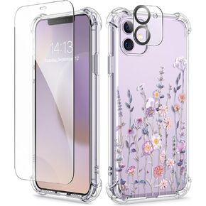 GVIEWIN for iPhone 11 Case with Screen Protector + Camera Lens Protector, [Not-Yellowing] Clear Soft TPU Shockproof Protective Cover for Women Girls Flower Pattern Phone Case 6.1"(Floratopia/Colorful)