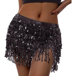 Women Sequin Belly Dance Skirt Sequined Fringe Sparkly Adjustable Waist Straps Tassel Miniskirt Costume for Girls