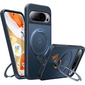 TORRAS 360°Spin Magnetic Stand for Google Pixel 9 Pro Case/Pixel 9 Case, 12FT Military Protection, Compatible with Magsafe, Shockproof Translucent Slim Pixel 9 Pro Phone Case with Ring Holder, Black