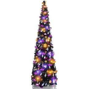 5Ft Tinsel Halloween Tree Halloween Decorations, Black Halloween Tree with 60 LED Orange Purple Lights Timer Pumpkin Ornament Artificial Pop Up Pencil Tree for Home Party Indoor Outdoor Decor
