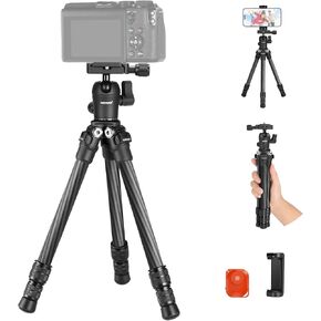 NEEWER TP09 Carbon Fiber Mini Tripod, 20" Desktop Tripod with 360° Ball Head, Phone Holder & Remote, Lightweight Compact Travel Tabletop Tripod for DSLR Camera Video Camcorder, Phone, Max Load 11lb