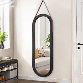 AAZZKANG Retro Mirror Full Length Wood Framed Mirror with Leather Strap 43"x14" Oval Large Mirror for Bedroom Living Room Entryway