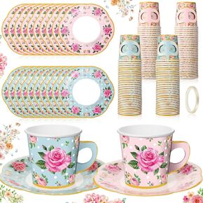 Umigy 60 Sets Tea Party Decorations Floral Paper Tea Cups with Handle and Plates Disposable Blossom Teacups and Saucers Sets with Tape for Hot Cold Drink Birthday (Multicolor,6.5 Oz)