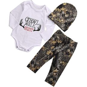 Newborn Baby Boy Clothes Long Sleeve Romper Onesie Camo Pants with Hat Infant Outfit