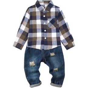 طفل رضيع ملابس الرضع ملابس الدنيم الفانيلا منقوشة زر قميص جيوب ممزق الجينز السراويل 2 قطعة الملابس in Kuwait