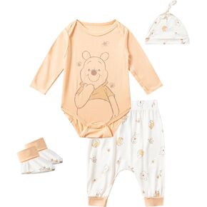 Disney Winnie the Pooh Baby Boys 4 Pack Bamboo Viscose Long Sleeve Bodysuit with Booties, Hat, and Pants Set for Infant