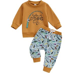 Toddler Baby Boy Fall Outfit Daddy's Fishing Buddy Letters Print Sweatshirt Fish Print Pants Set 2Pcs Hunting Outfit