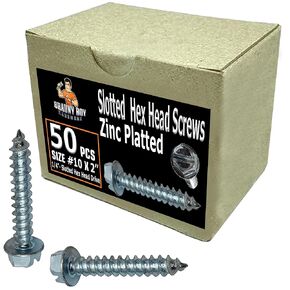 BRAUNY BOY – 2" x #10 – Slotted Hex Head Wood Screw – Zinc Plated – Coarse Thread - Self Tap - ¼" Hex Drive for Wood & Metal – Qty (100)
