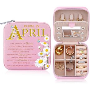 Travel Jewelry Box Organizer Birth Month Flower Jewelry Boxes Display Case for Women Gift Rings Earrings Necklaces Storage with Mirror Grey (October)