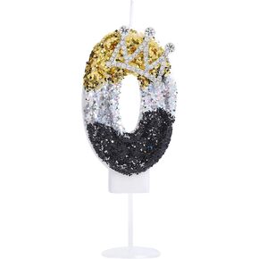 Crown 6 Birthday Candle 3D Number 6 Candle for Birthday Cake Little Girl Prince Princess 6th Birthday Party Cake Decoration, Black Silver and Gold Glitter