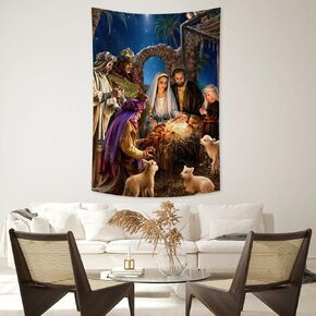 FLYVET Christian Tapestry Jesus Birth Manger Barn Wall Hanging Angel Easter Wall Art Decor Christ Tapestries Nativity Scene Decoration for Church Bedroom Living Room Dorm Home 40 x 60 Inch, Yellow