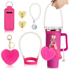 Water Bottle Accessories Set with Silicone Water Bottle Handle with Strap Hanging Charms Compatible with Stanley Cup(Pink)