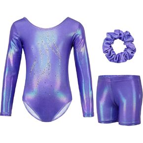 Gogokids Gymnastics Leotards for Girls, Long Sleeve Rhinestone Kids Dance Unitards Biketards with Tumbling Dance Shorts