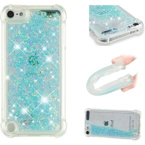 QIVSTARS Compatible with iPod Touch 7 Case, Glitter Case Bling Sparkle Liquid for Women Girls Luxury Flowing Quicksand Clear Phone Case Cover for iPod Touch 5/6 / 7 Blue Star YBW
