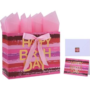 13" Large Purple-blue Multicolor Watercolor Gift Bag Set with Greeting Card and Lavender Tissue Papers (Gold Foil ‘Happy Birthday’) for Women's or Men's Birthday Party, Girls', Boys' or Kids' Party,